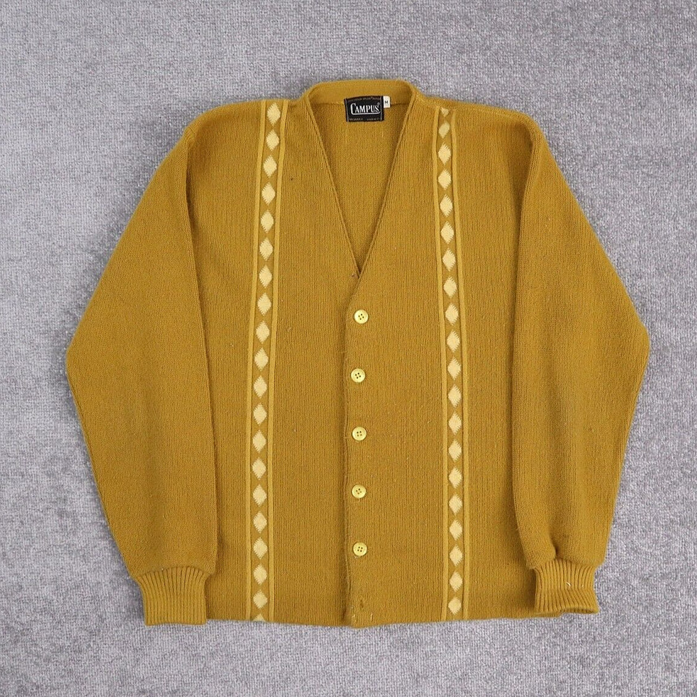 Vintage Campus Made in USA Medium Yellow Argyle Long Sleeve Cardigan Sweater
